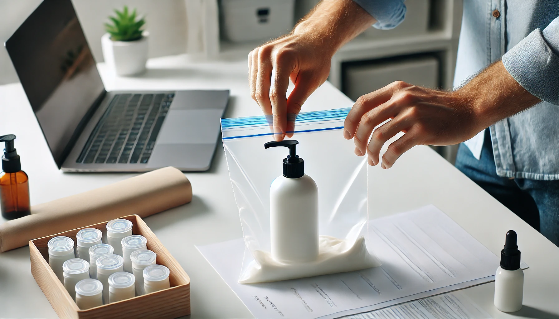 placer une bouteille de lotion dans un sac ziplock.