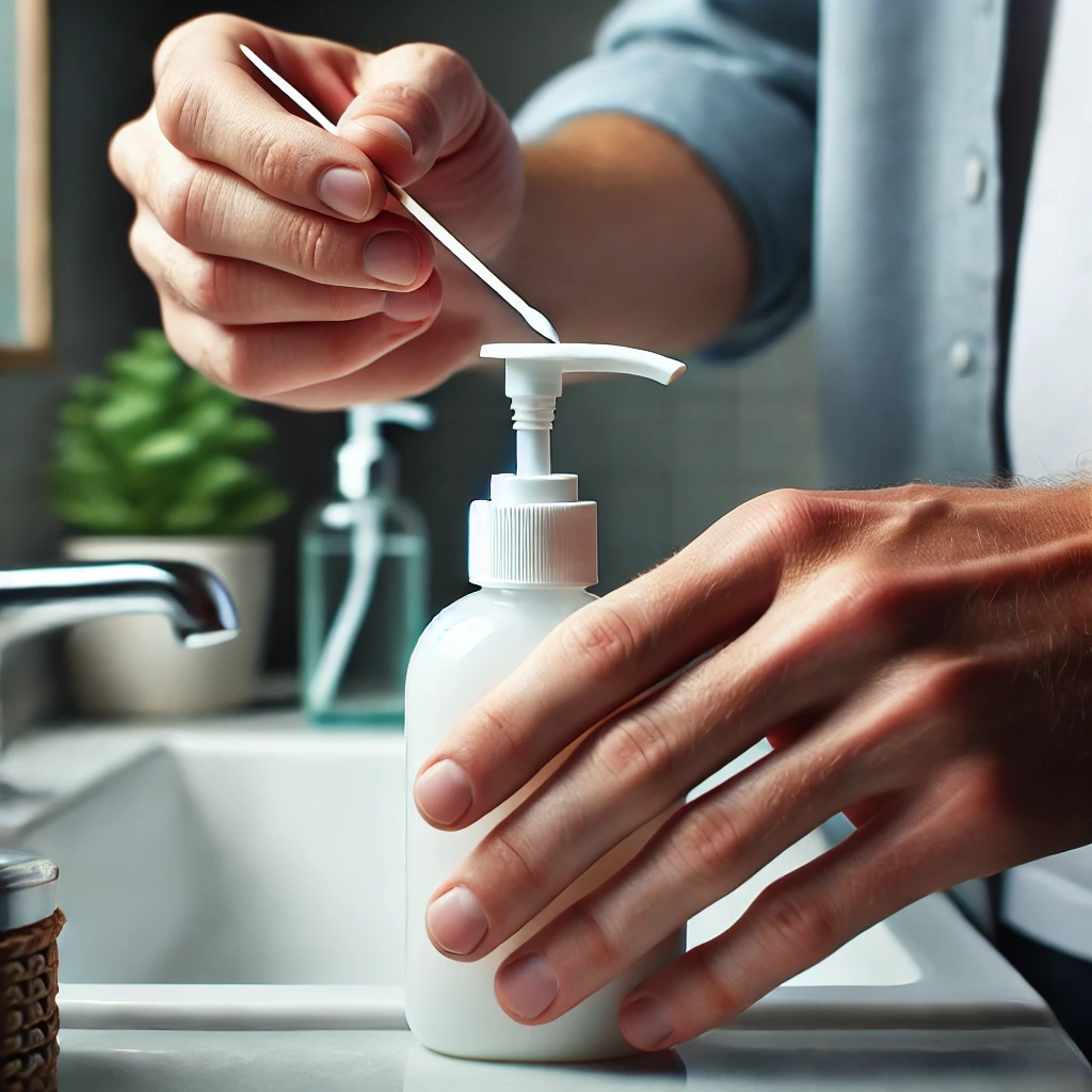 utiliser un cure-dent pour évacuer l'air d'un flacon de lotion à pompe sans air