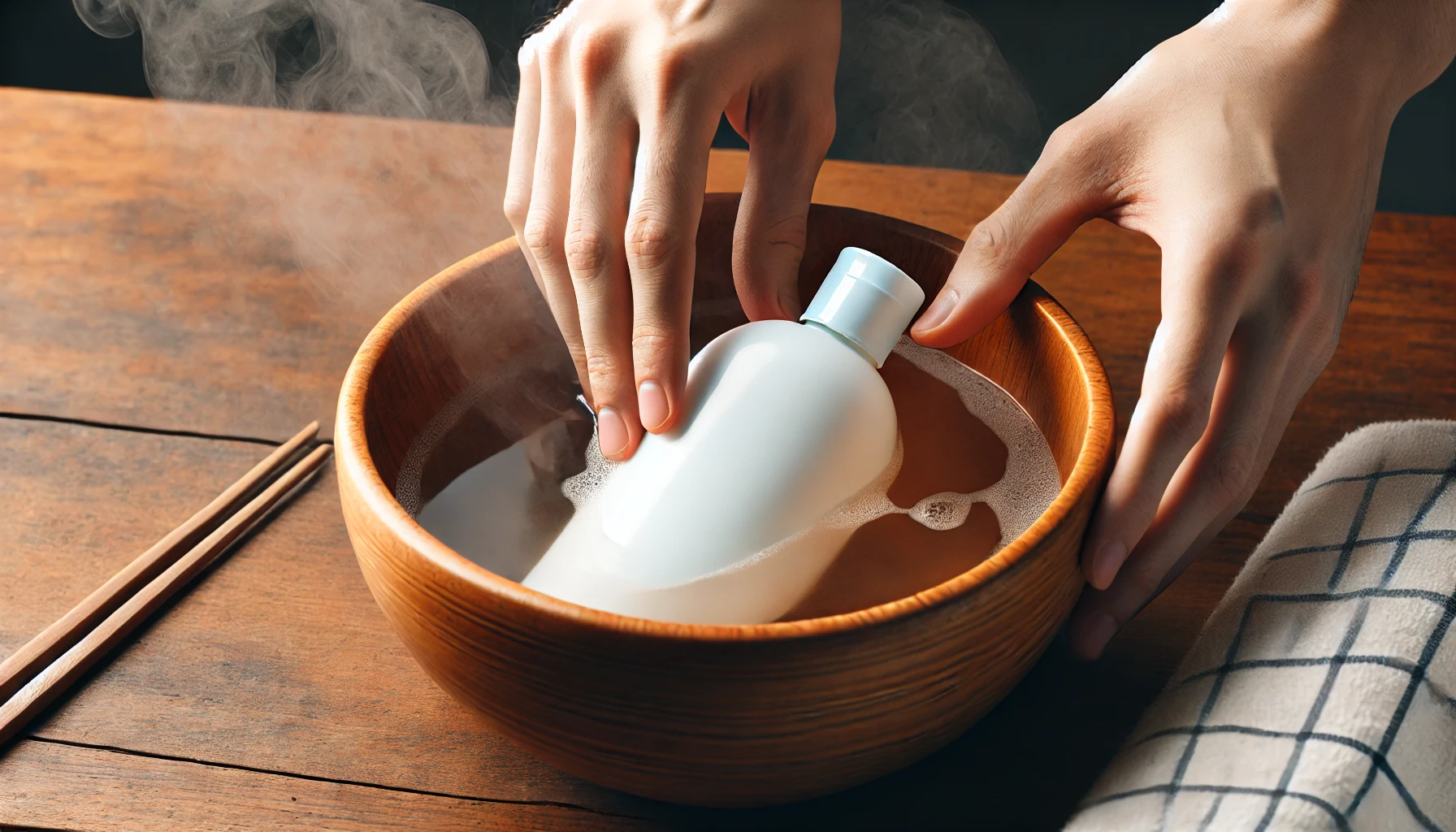 placer une bouteille de lotion dans un bol d'eau tiède