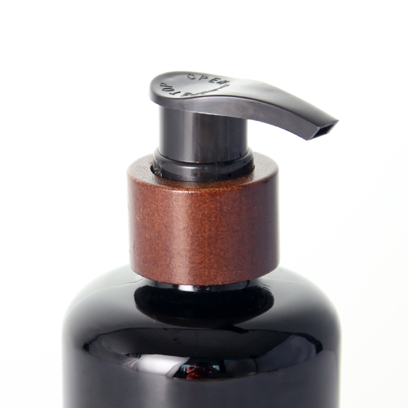 Bouteille de pompe à lotion en verre noir avec col en bois en gros