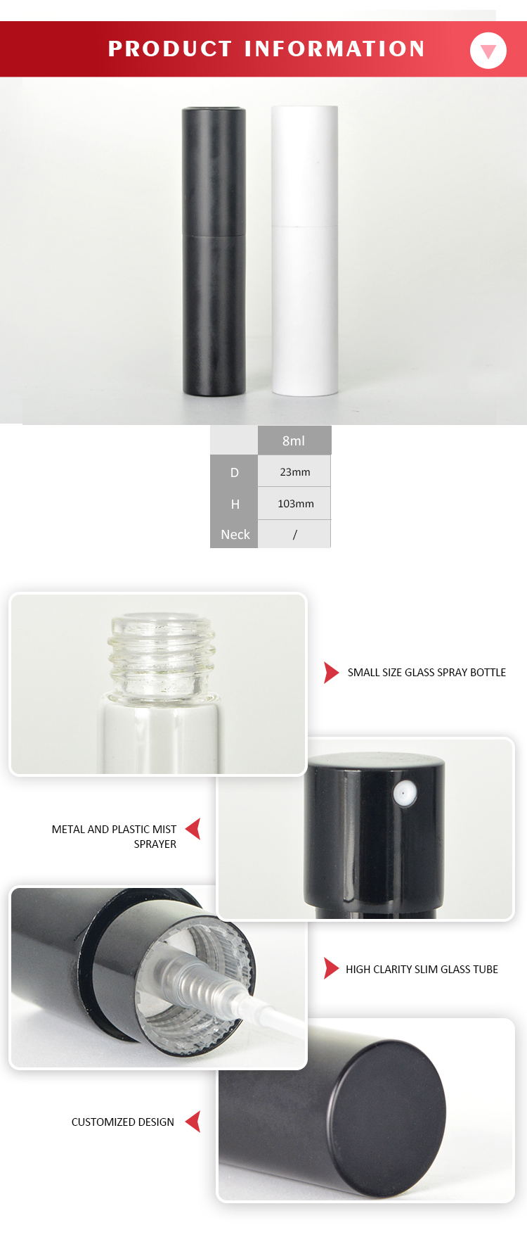 Flacon Premium Atomizer noir et blanc de 8 ml avec tube de verre mince de haute clarté et pulvérisateur de brouillard en plastique